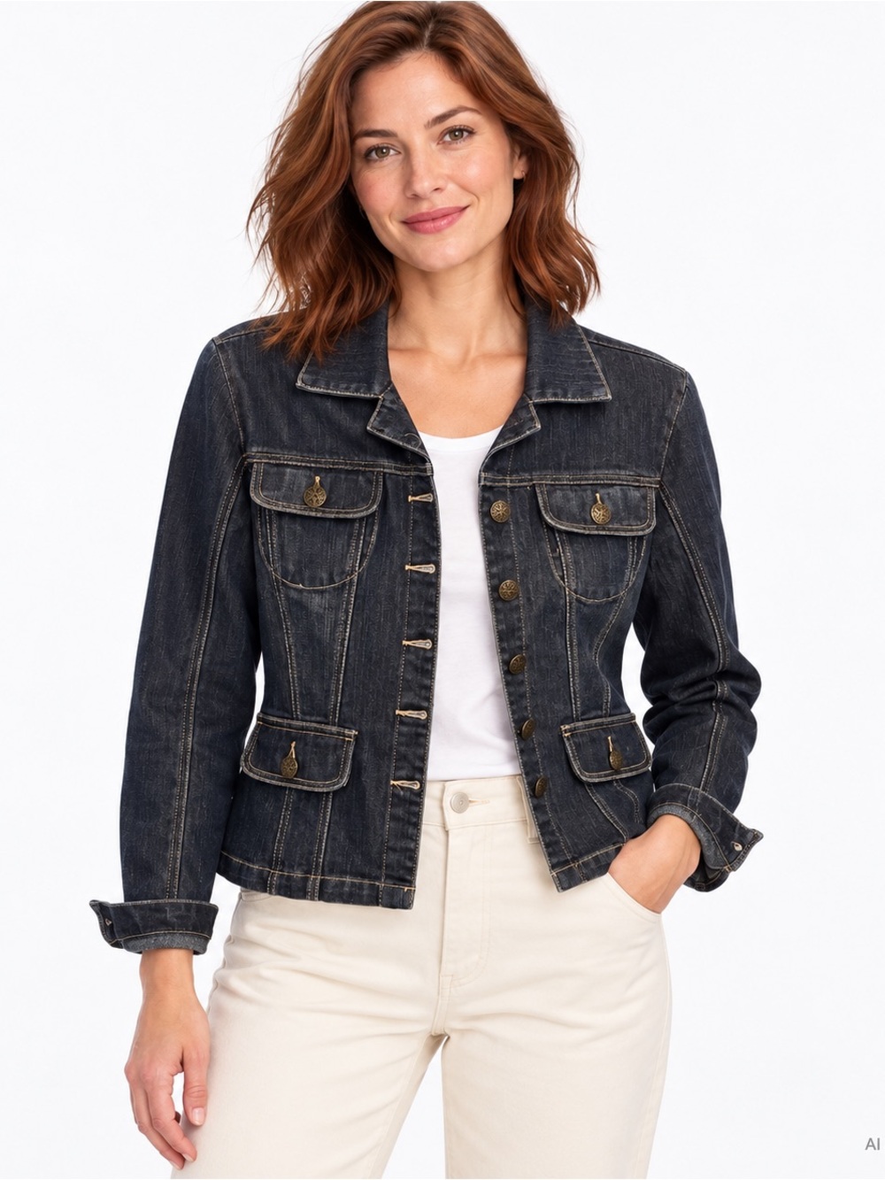 Live a Little Dark Wash Stretch Denim Jacket Small Ornate Buttons